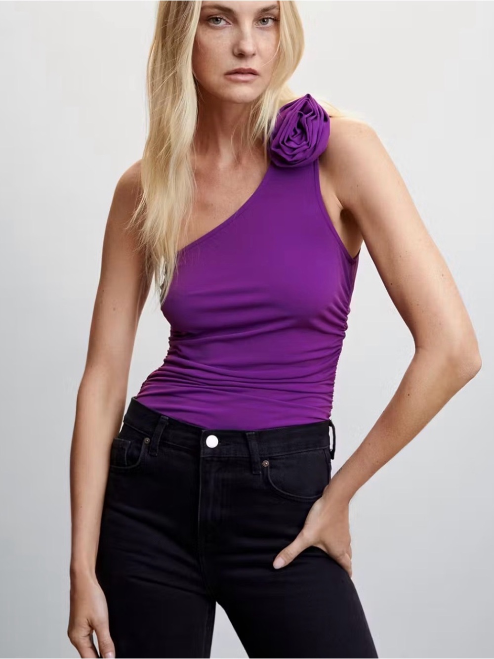 Mango One-Shoulder Purple Ruched Crop Top with Rosette